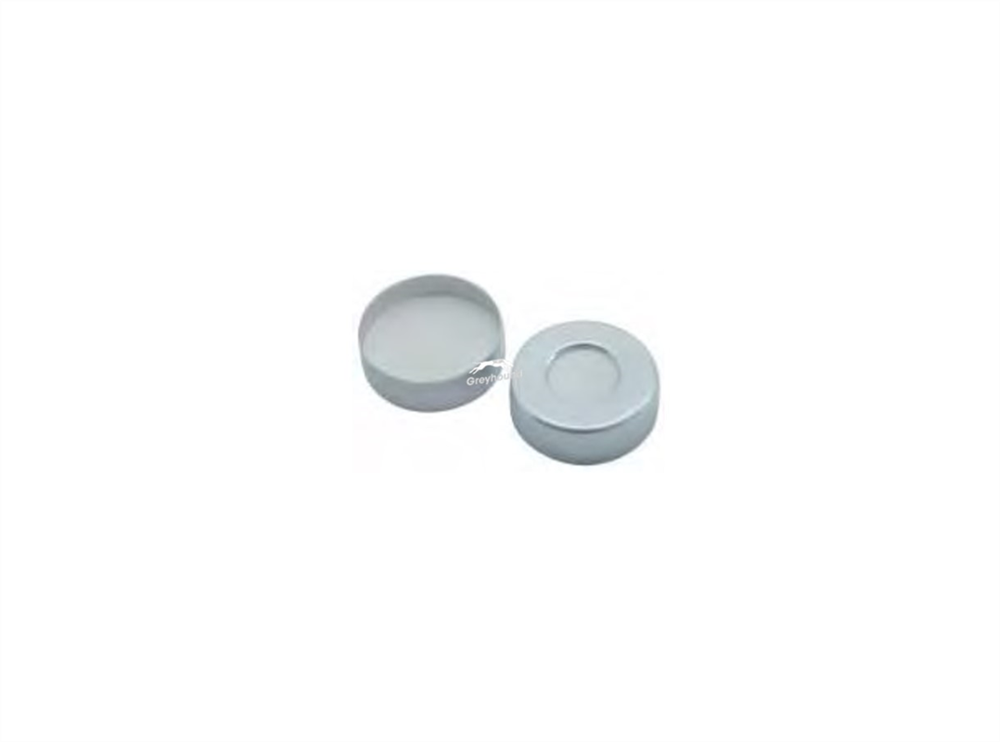 Picture of 20mm Aluminium Crimp Cap (Silver), Open Hole, with Pre-fitted Beige PTFE/White Silicone Septa (HT Grade), 3.2mm, (Shore A 45)